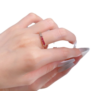 Elegant S925 silver ring with five square red rubies and side accent diamonds on hand