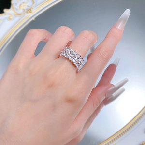 Luxurious S925 sterling silver ring with three rows of baguette-cut cubic zirconia