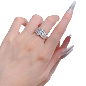 Luxurious S925 sterling silver wavy ring featuring triple row baguette cut zircon stones