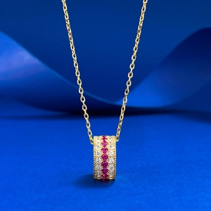 Vintage 925 Sterling Silver Gold Plated Cylindrical Pendant Necklace For Women Red White Rhinestone Inlaid Geometric Chain Jewelry Gift