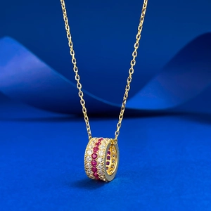 Italian craft S925 silver necklace with a cylinder charm set with red and white stones