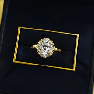 Bague luxueuse en argent S925 plaqué or avec diamant carbone ovale et boîte cadeau
