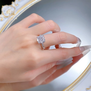 Close-up of S925 silver ring with 10mm cushion cut stone and bamboo texture band