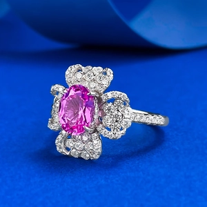 Bague de luxe en argent S925 avec diamant rose ovale 6x8mm et entourage de diamants