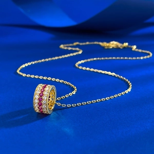 Elegant S925 silver cylinder pendant necklace with sparkling red and white gemstones