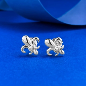 S925 sterling silver fleur-de-lis stud earrings with sparkling zircon inlay for women