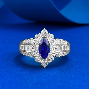 Vintage 925 Sterling Silver Marquise Royal Blue Rhinestone Ring For Women Elegant Geometric Inlaid Finger Ring Party Jewelry Gift