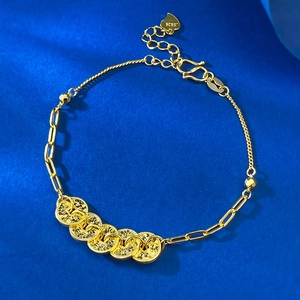 925 Sterling Silver Five Emperors Coins Bracelet For Women New Chinese Style Gold Plated Adjustable Rhinestone Jewelry Gift