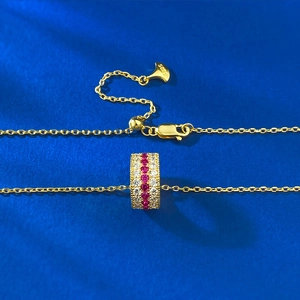 S925 sterling silver cylinder necklace with red zircons and gold-plated finish