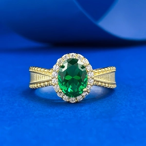 925 Sterling Silver Ring For Women Vintage Gold Plated Oval Green Rhinestone Halo Ring Elegant Party Fashion Jewelry