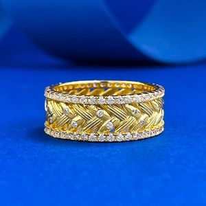 S925 Sterling Silver Gold Brushed Wheat Pattern Wide Band Ring With Pave Rhinestone Vintage Minimalist Fashion Finger Ring Women Jewelry