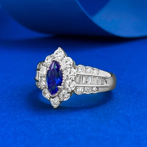 Marquise cut royal blue gem S925 silver ring with marquise and pavé accents