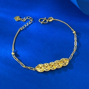 New Chinese style gold coin bracelet with S925 silver texture on blue silk background