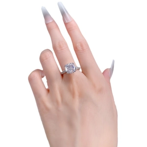 S925 silver cushion cut ice flower diamond ring featuring side stones on hand