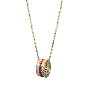 Golden necklace with cylinder pendant featuring red and white synthetic gemstone rows