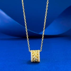 Exquisite S925 silver cylinder pendant necklace with gold wheat ear pattern and zircons