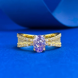 Bague Nœud en Argent Sterling 925 Avec Strass Lavande Ovale Plaqué Or Texture Métal Brossé Bague Mode Élégante pour Femmes