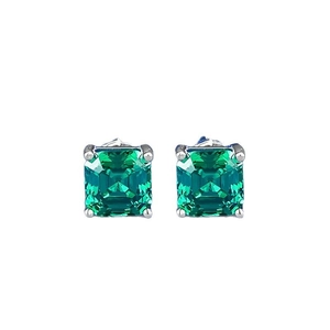 Elegant emerald-cut green crystal stud earrings with 4-claw silver metal setting