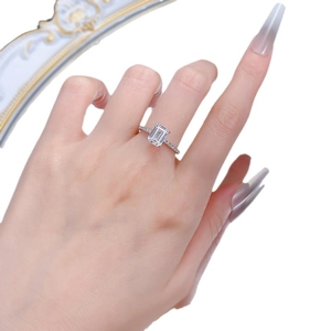Elegant 925 sterling silver ring with emerald-cut high carbon diamond and micro-pave band