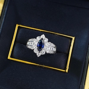 S925 silver ring with 4x8mm marquise royal blue gemstone in a luxury velvet box