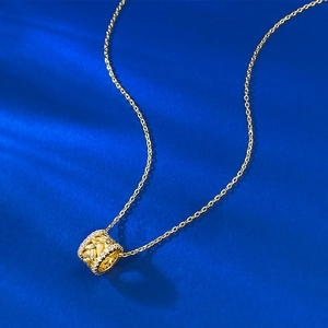 Golden S925 silver necklace with wheat pattern cylinder pendant and white zircon inlay