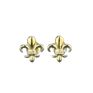 Elegant gold fleur-de-lis stud earrings in S925 silver with three small sparkling zircons