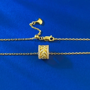 S925 sterling silver gold necklace with leaf pattern cylinder pendant and adjustable slider