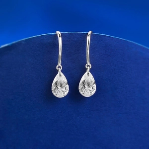 Macro view of S925 silver pear-shaped water drop earrings with clear faceted stones