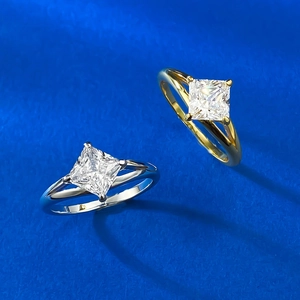 Princess cut cubic zirconia rings in silver and gold finishes with a split shank design