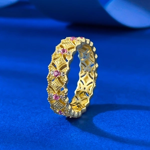 Vintage 925 Sterling Silver Gold Plated Geometric Hollow Lattice Lace Ring Pink Rhinestone Inlaid Band Ring Women Jewelry