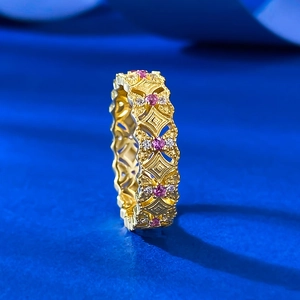 Exquisite gold-plated S925 silver lace ring with hollow geometric pattern and pink stones
