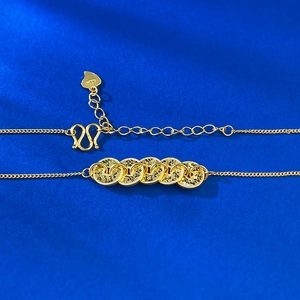 Golden S925 Five Coins necklace with Chinese fortune elements on blue velvet background