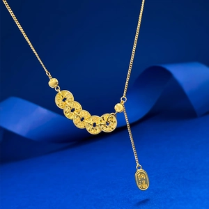 Collier cinq pièces de monnaie ancienne chinoise avec pendentif Na-Fu sur fond bleu