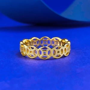 Bague Anneau en Argent Sterling 925 Plaqué Or Motif Pièce Ancienne Minimaliste Style Néo-Chinois Traditionnel Incrusté de Strass Bijoux Femme Cadeau