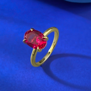 Elegant gold plated S925 silver ring with large oval red gemstone in 4-prong setting