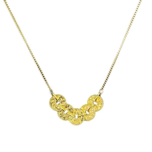 New Chinese style gold five-coin pendant necklace with textured disks and tank chain