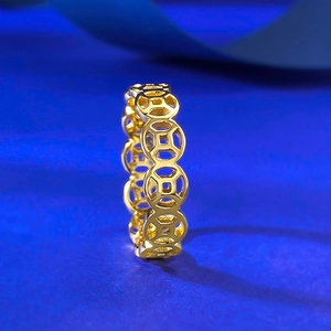 Bague pièces de monnaie chinoises minimaliste en argent S925 plaqué or pour femme