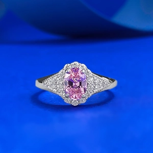 925 Sterling Silver Ring For Women Elegant Oval Pink Rhinestone Halo Design Luxury Micro Inlaid Anniversary Jewelry Finger Ring