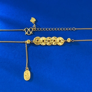 Collier en argent S925 doré avec cinq pendentifs pièces et breloque gravée Zhaocai