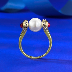 Vintage S925 Sterling Silver Artificial Pearl Ring For Women Luxurious Gold Silver Plated Lucky Bead Red Zircon Fashion Jewelry
