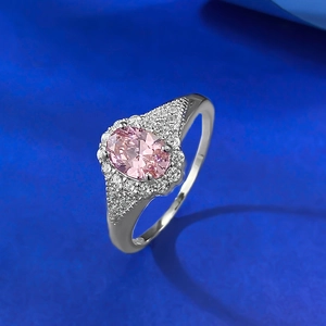 Elegant S925 silver ring with 5x7mm oval pink diamond and halo of small sparkling gems
