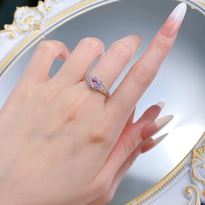 S925 silver ring with 5x7mm pink oval diamond and halo of sparkling white stones