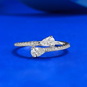 S925 Sterling Silver Double Pear Shaped Water Drop Open Ring For Women Elegant Rhinestone Inlaid Adjustable Bypass Ring Fashion Jewelry