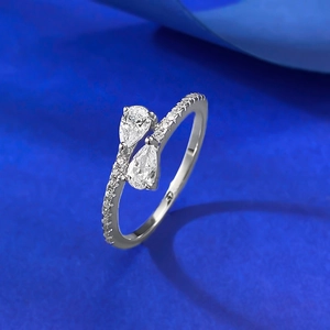 S925 silver open ring with double pear-shaped water drop stones and pave setting