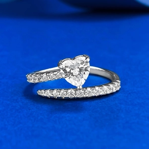 S925 Sterling Silver Heart Shape Open Ring For Women Adjustable Fashion Jewelry Elegant Finger Ring Rhinestone Inlaid Gift