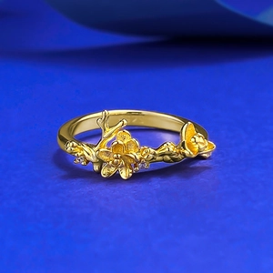 925 Sterlingsilber Vergoldet Pflaumenblüte Blütenblatt Ring Für Damen Minimalistisch Botanischer Zweig Strass Fingerring Schmuck