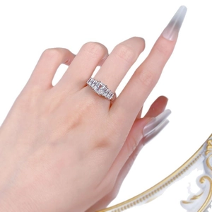 Elegant S925 sterling silver ring with emerald cut white stones worn on model hand