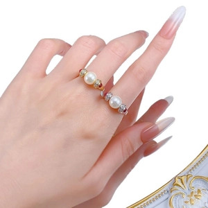 Vintage style S925 silver open rings with white pearls and red gemstones in gold finish