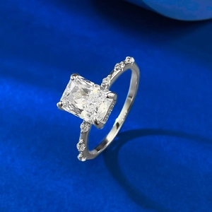 Macro detail of S925 silver ring featuring a radiant cut ice flower cubic zirconia