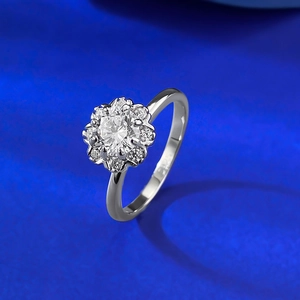 Classic S925 sterling silver halo ring with floral diamond cluster in 45-degree view